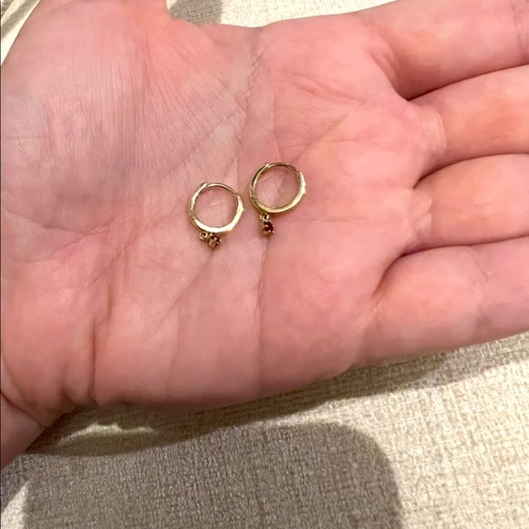 14k Gold and Ruby Huggie Hoop Drop Earrings Dangle Dainty - Picture 4 of 5